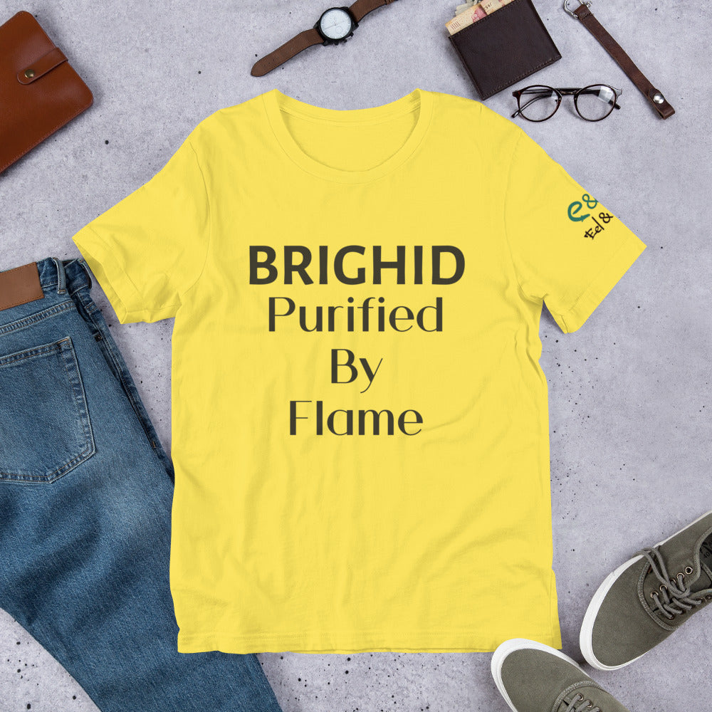 Brighid - Purified by Flame - Yellow, Soft Cream & Ash - Unisex Short Sleeve Jersey T-Shirt - Eel & Otter