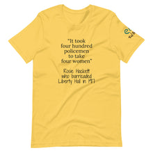 Load image into Gallery viewer, &quot;400 Hundered Policemen to take 4 Women.&quot; - Short-Sleeve Unisex T-Shirt, Leaf green, Ash, Yellow - Eel &amp; Otter