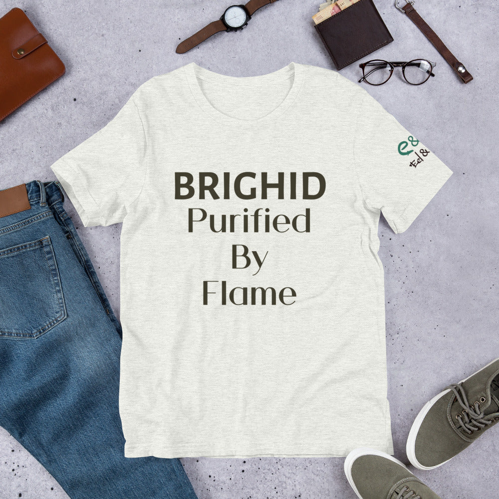 Brighid - Purified by Flame - Yellow, Soft Cream & Ash - Unisex Short Sleeve Jersey T-Shirt - Eel & Otter