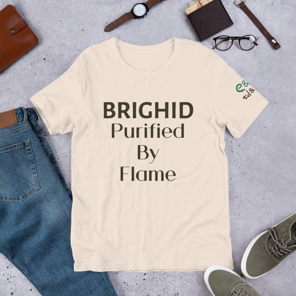 Brighid - Purified by Flame - Yellow, Soft Cream & Ash - Unisex Short Sleeve Jersey T-Shirt - Eel & Otter