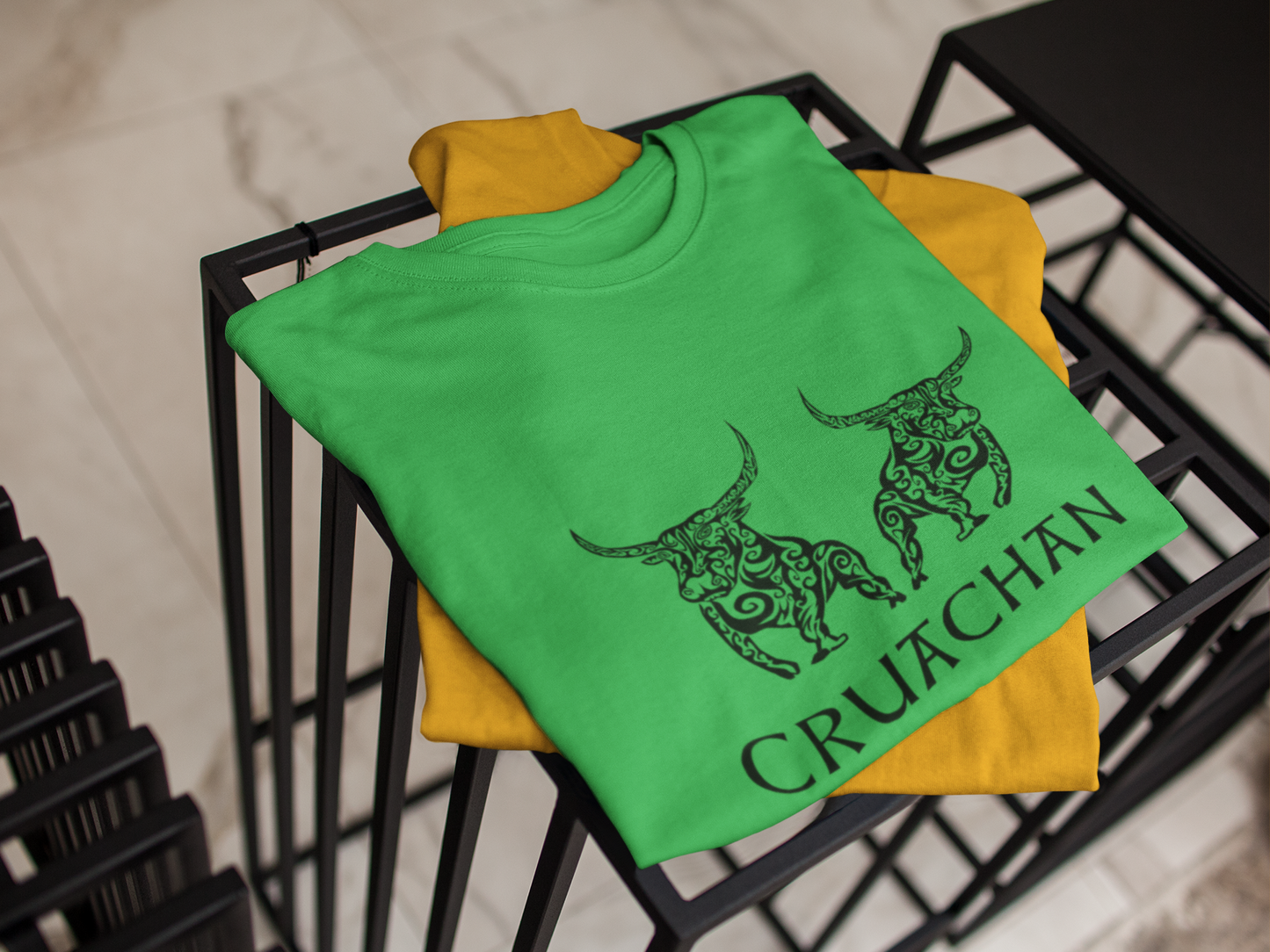 Bulls of Cruachan - Aqua, Gold & Leaf Green - Unisex Short Sleeve Jersey T-Shirt - Eel & Otter