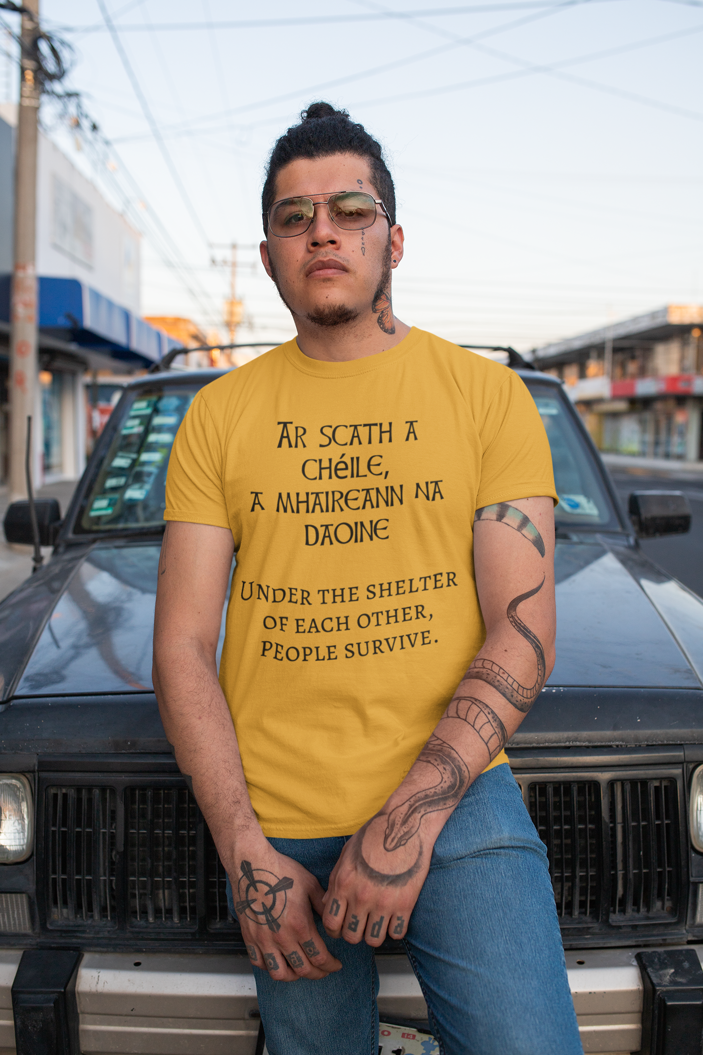Under the Protection of Each Other, People Survive - Short-Sleeve Unisex T-Shirt - Steel Blue, Mustard, Soft Cream - Eel & Otter