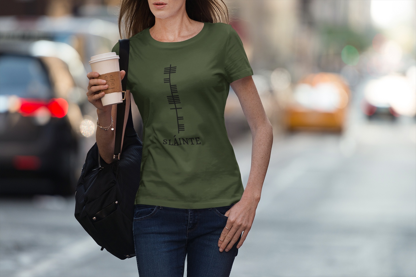 Ogham Series - Sláinte - Health - Short-Sleeve Unisex T-Shirt, Olive, Mauve, Soft Cream - Eel & Otter