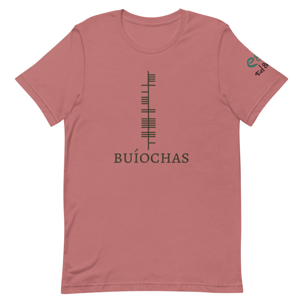 Ogham Series - Buíochas - Gratitude - Short-Sleeve Unisex T-Shirt Olive, Mauve, Soft Cream - Eel & Otter