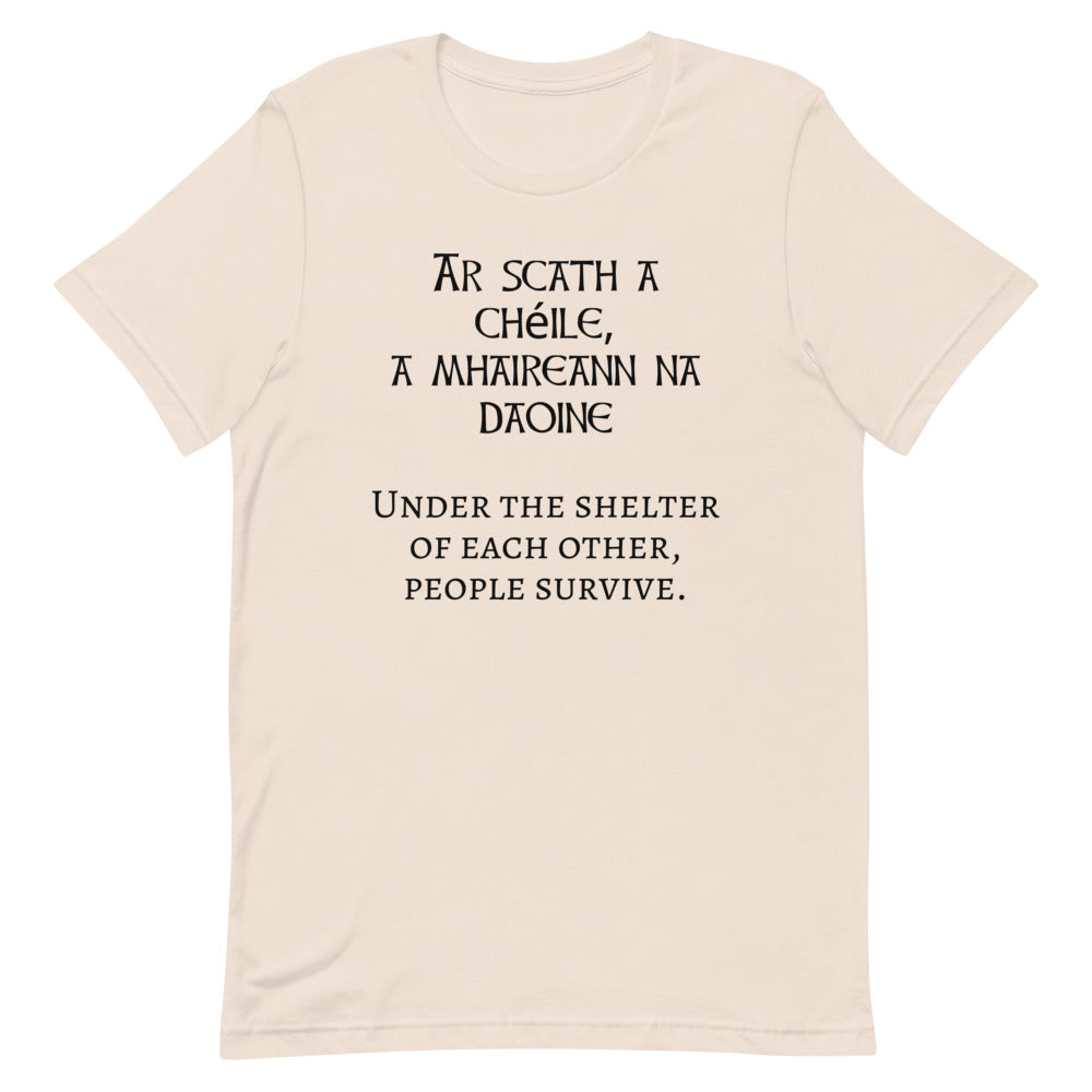 Under the Protection of Each Other, People Survive - Short-Sleeve Unisex T-Shirt - Steel Blue, Mustard, Soft Cream - Eel & Otter