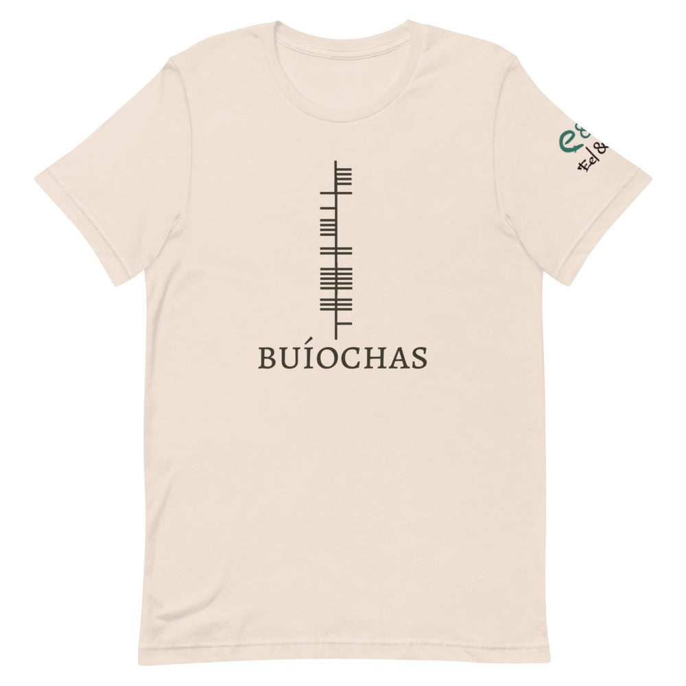 Ogham Series - Buíochas - Gratitude - Short-Sleeve Unisex T-Shirt Olive, Mauve, Soft Cream - Eel & Otter