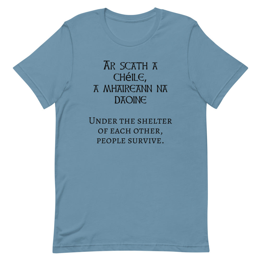 Under the Protection of Each Other, People Survive - Short-Sleeve Unisex T-Shirt - Steel Blue, Mustard, Soft Cream - Eel & Otter