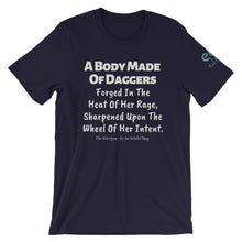 Load image into Gallery viewer, The Mórrígan: Daggers - Olive Green, Navy &amp; Brown - Unisex Short Sleeve Jersey T-Shirt - Eel &amp; Otter
