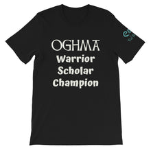 Load image into Gallery viewer, Oghma. Warrior, Scholar, Champion - Black, True Royal, Kelly, Short-Sleeve Unisex T-Shirt - Eel &amp; Otter