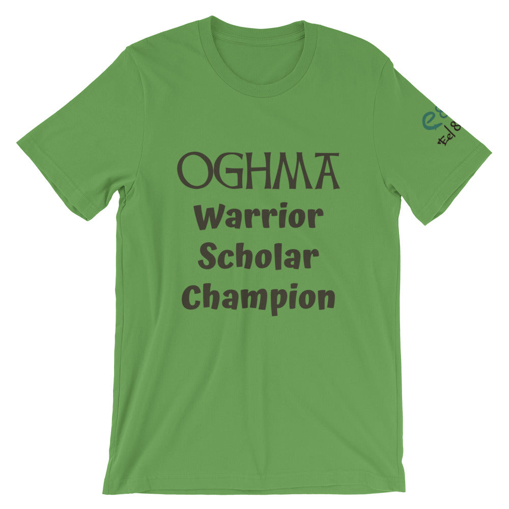 Oghma. Warrior, Scholar, Champion - Silver, Steel Blue, Leaf - Short-Sleeve Unisex T-Shirt - Eel & Otter