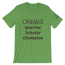 Load image into Gallery viewer, Oghma. Warrior, Scholar, Champion - Silver, Steel Blue, Leaf - Short-Sleeve Unisex T-Shirt - Eel &amp; Otter