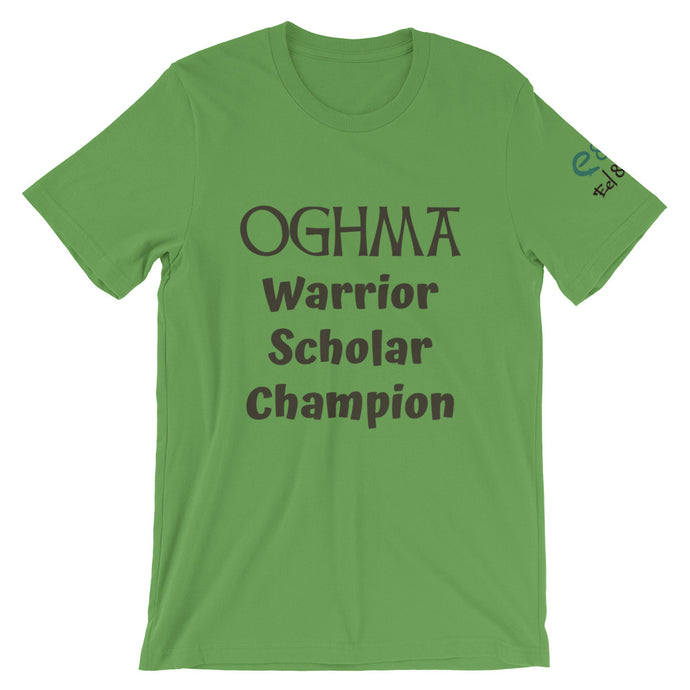 Oghma. Warrior, Scholar, Champion - Silver, Steel Blue, Leaf - Short-Sleeve Unisex T-Shirt - Eel & Otter