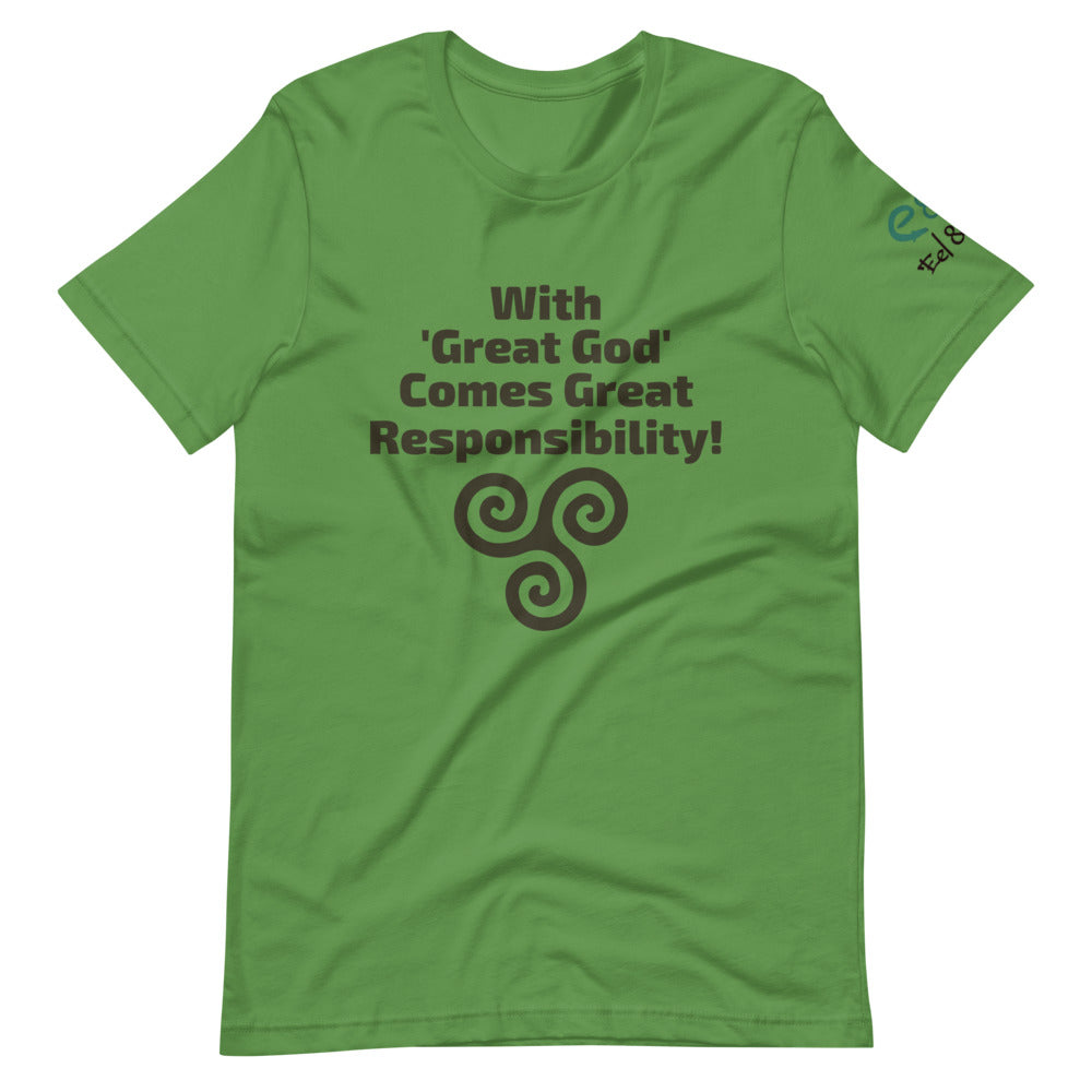 With Great God Comes Great Responsibility! - Short-Sleeve Unisex T-Shirt, Leaf, Silver, Burn Orange, - Eel & Otter