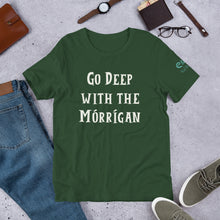 Load image into Gallery viewer, Go Deep with the Mórrígan - Black, Green &amp; Red - Unisex Short Sleeve Jersey T-Shirt - Eel &amp; Otter