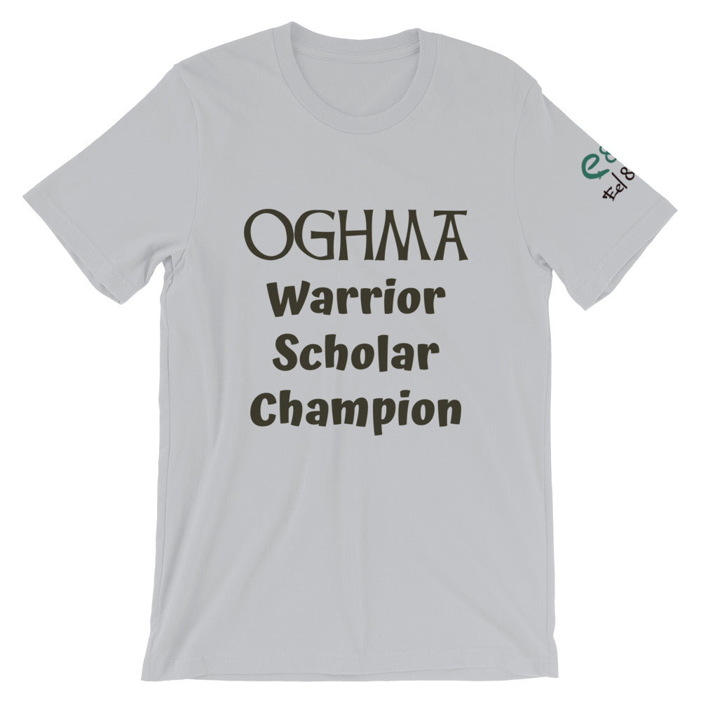 Oghma. Warrior, Scholar, Champion - Silver, Steel Blue, Leaf - Short-Sleeve Unisex T-Shirt - Eel & Otter