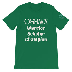 Oghma. Warrior, Scholar, Champion - Black, True Royal, Kelly, Short-Sleeve Unisex T-Shirt - Eel & Otter