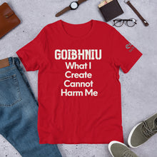 Load image into Gallery viewer, Goibhniu: What I Create - Red, Black &amp; Royal Blue - Unisex Short Sleeve Jersey T-Shirt - Eel &amp; Otter