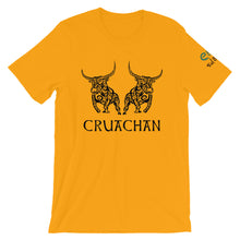 Load image into Gallery viewer, Bulls of Cruachan - Aqua, Gold &amp; Leaf Green - Unisex Short Sleeve Jersey T-Shirt - Eel &amp; Otter