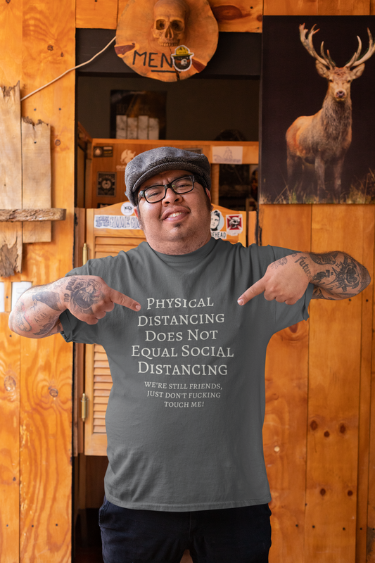 Physical Distancing Does Not Equal Social Distancing - Short-Sleeve Unisex T-Shirt Black Asphalt Red - Eel & Otter