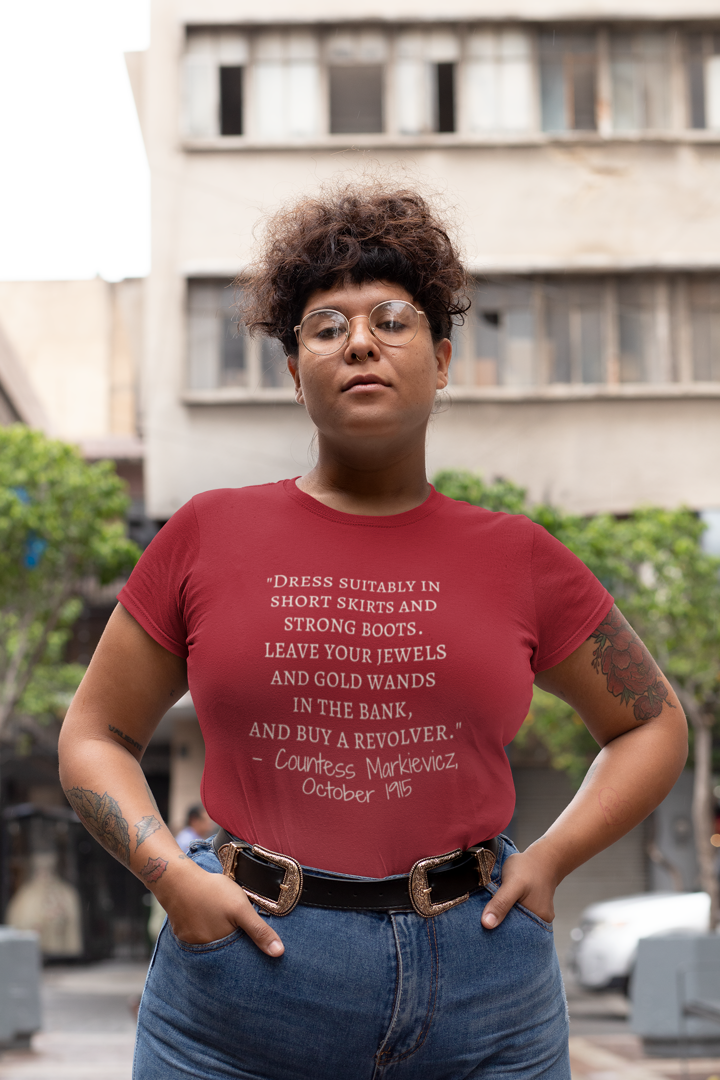 "short skirts and strong boots"- Short-Sleeve Unisex T-Shirt Black Forest Green Red - Eel & Otter