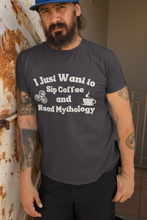Load image into Gallery viewer, I Just want to Sip Coffee and Read Mythology - Short-Sleeve Unisex T-Shirt - Black, True Royal, Red