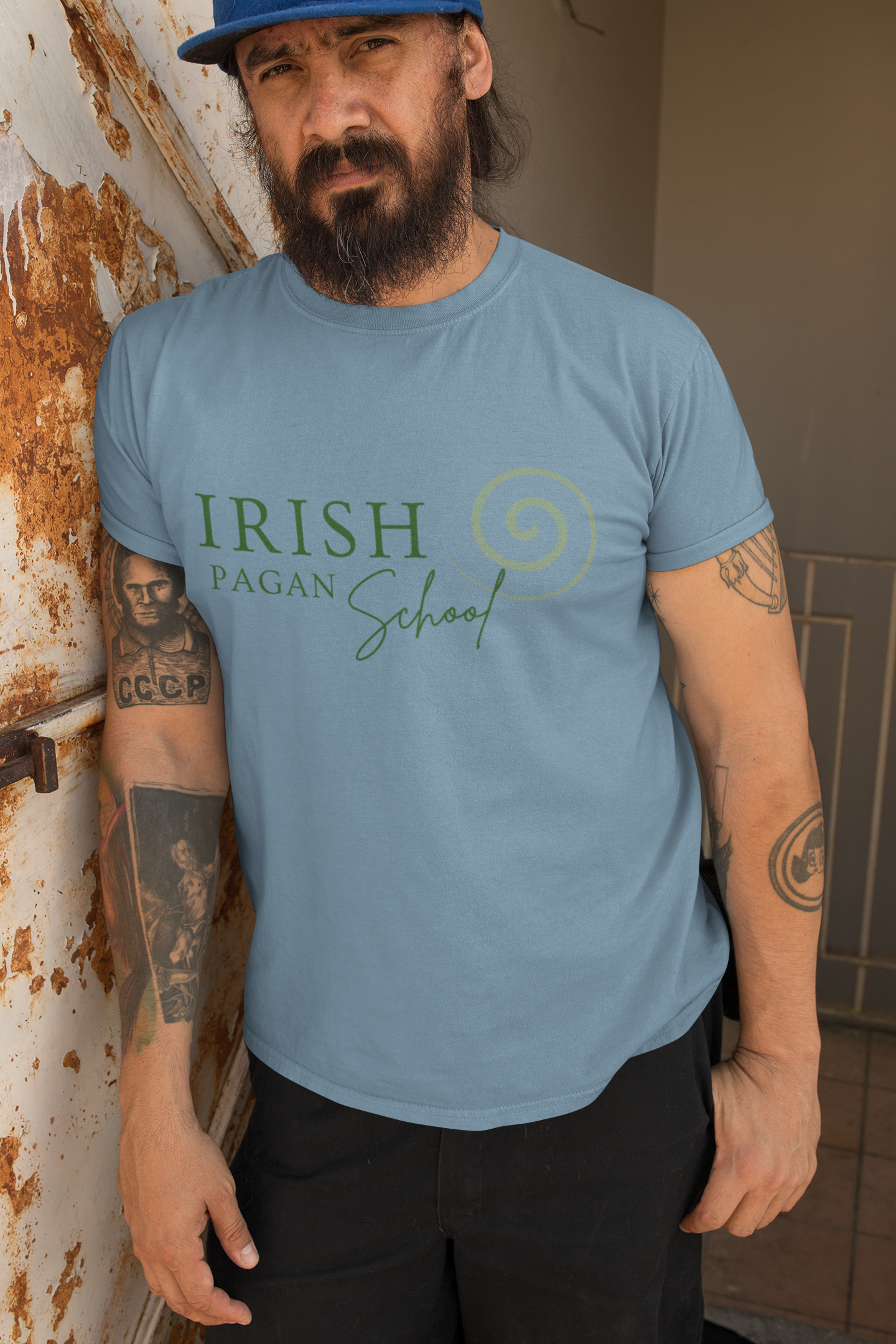 Irish Pagan School Est. 2017 - Short-Sleeve Unisex T-Shirt - steel blue, Mustard, White - Eel & Otter