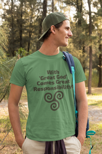 With Great God Comes Great Responsibility! - Short-Sleeve Unisex T-Shirt, Leaf, Silver, Burn Orange, - Eel & Otter