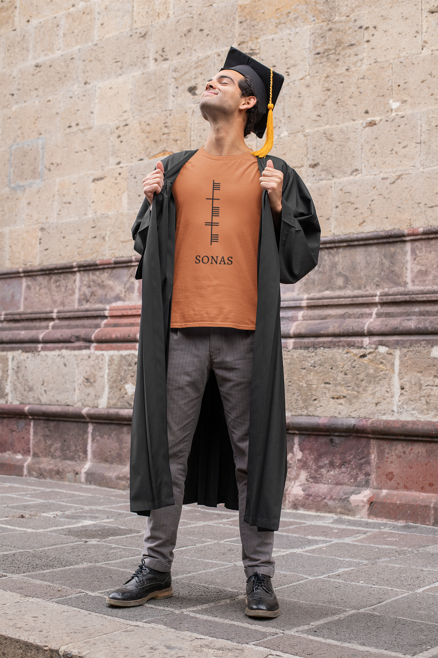 Ogham Series - Sonas - Good Fortune - Short-Sleeve Unisex T-Shirt, Steel Blue, Burnt Orange, Silver - Eel & Otter