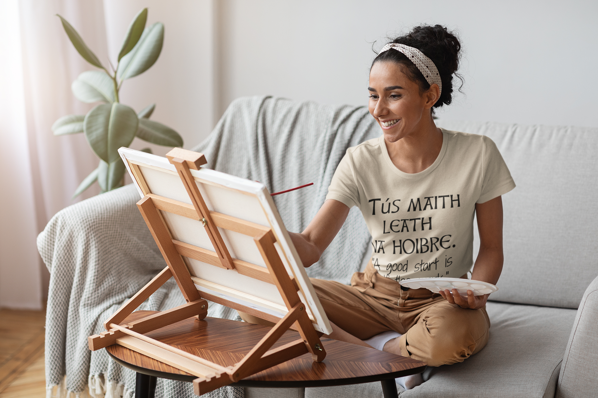 A Good Start, is Half the Work - Short-Sleeve Unisex T-Shirt, Olive, Steel Blue, Soft Cream - Eel & Otter