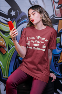 I Just want to Sip Coffee and Read Mythology - Short-Sleeve Unisex T-Shirt - Black, True Royal, Red