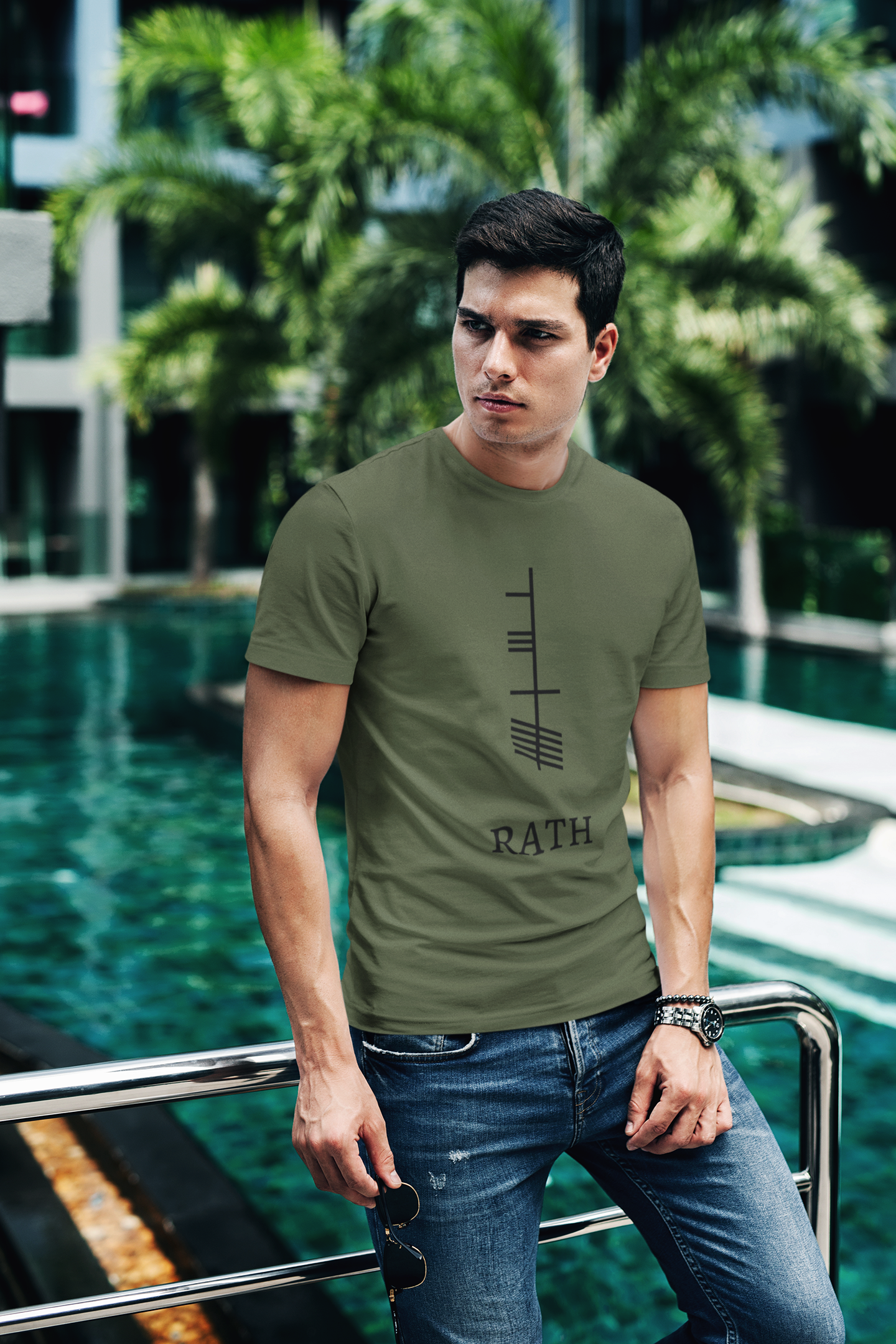 Ogham Series - Rath - Prosperity - Short-Sleeve Unisex T-Shirt - Olive, Mustard, Steel Blue - Eel & Otter