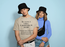 Load image into Gallery viewer, Under the Protection of Each Other, People Survive - Short-Sleeve Unisex T-Shirt - Steel Blue, Mustard, Soft Cream - Eel &amp; Otter