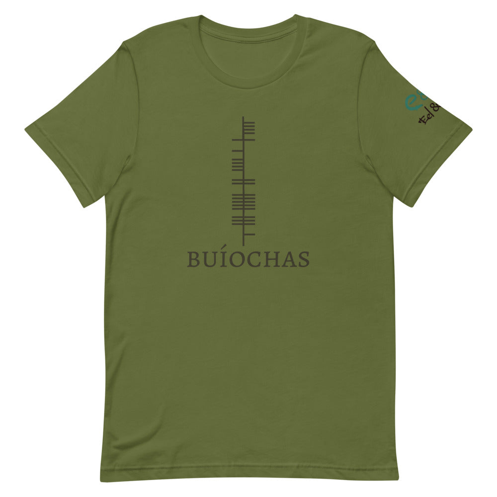 Ogham Series - Buíochas - Gratitude - Short-Sleeve Unisex T-Shirt Olive, Mauve, Soft Cream - Eel & Otter