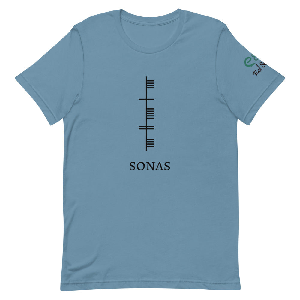 Ogham Series - Sonas - Good Fortune - Short-Sleeve Unisex T-Shirt, Steel Blue, Burnt Orange, Silver - Eel & Otter