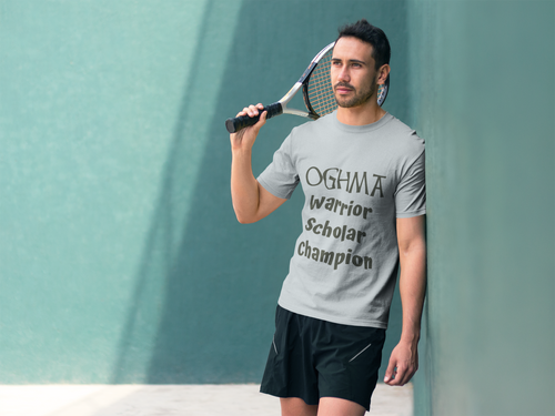 Oghma. Warrior, Scholar, Champion - Silver, Steel Blue, Leaf - Short-Sleeve Unisex T-Shirt - Eel & Otter